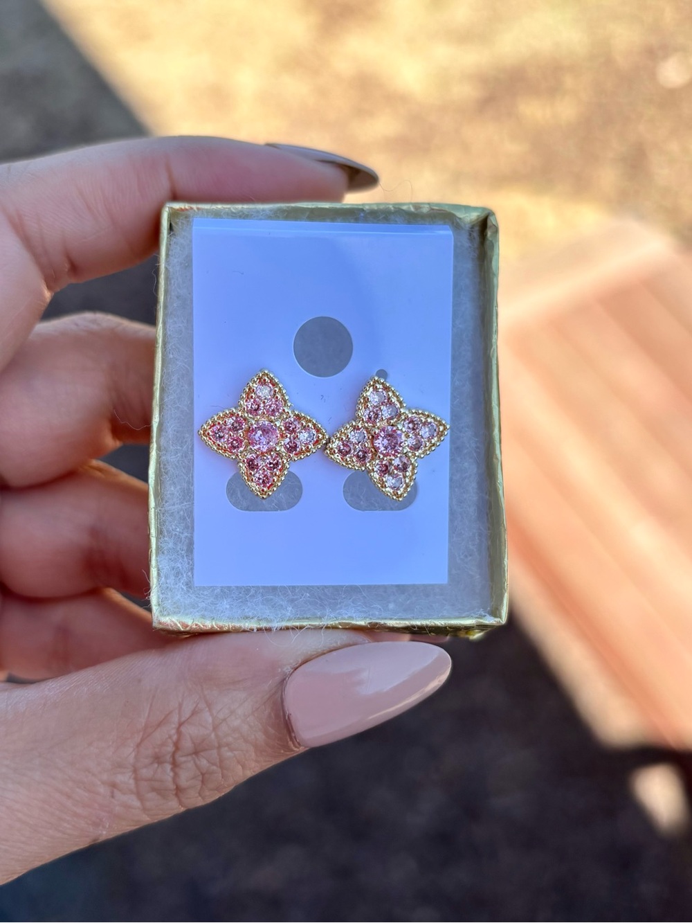 Pink Crystal Clover Stud Earrings - Gold Tone